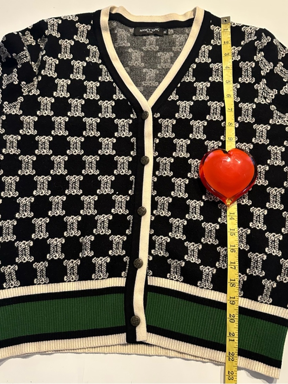 Black and White Patterned V-Neck Cardigan with Green Trim - Picture 6 of 8